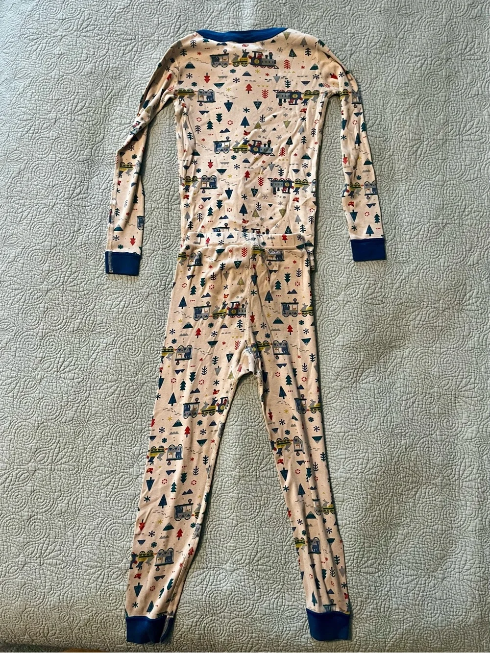 Hanna Andersson white Holiday Train Pajama Set with Blue Trim